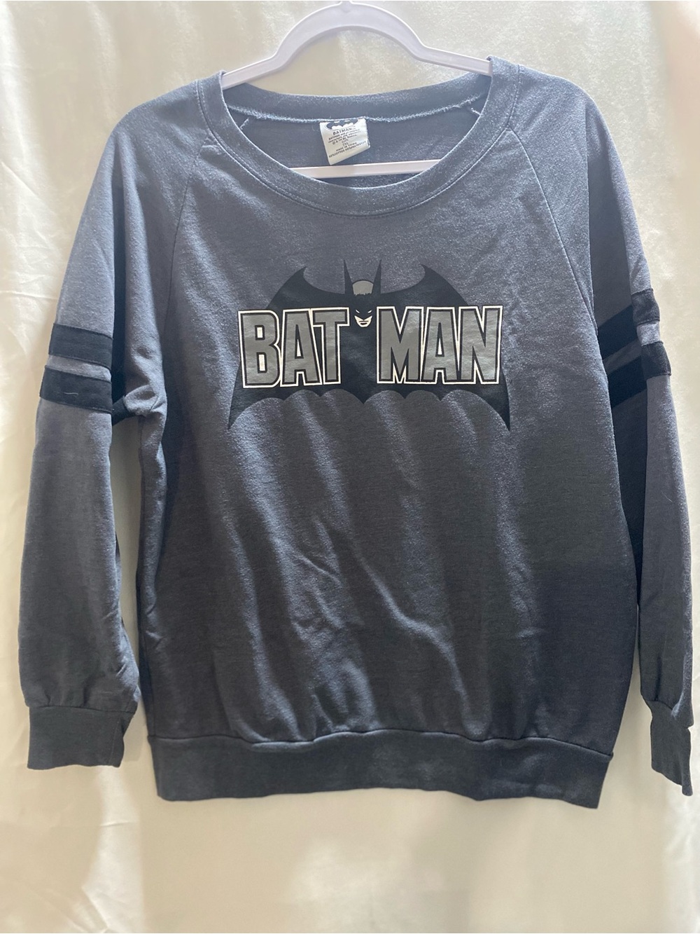 Batman Gray Graphic Logo Fleece Crewneck Pullover Sweatshirt Men 2XL Raglan